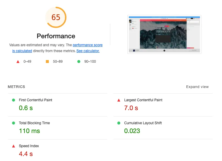 Lighthouse performance report of 36 (in the red). 0.6 First Contentful Paint (green), 13.2 Largest Contentful Paint (red), 950ms Total Blocking Time (red), 0.044 Cumulative Layout Shift (green), 6.7s Speed Index (red).